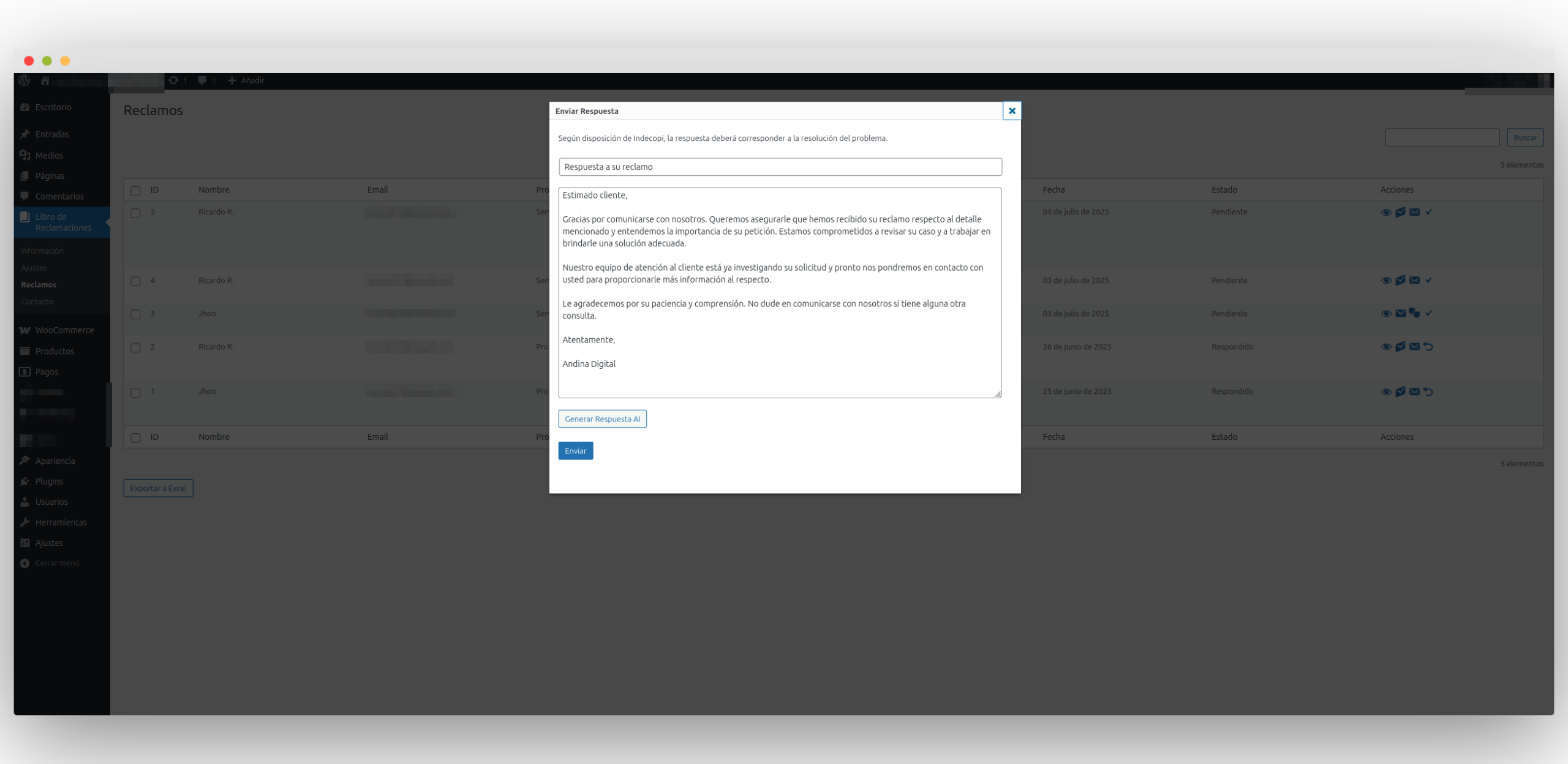 Libro de reclamaciones virtual en WordPress: panel de reclamos del plugin con la respuesta por IA
