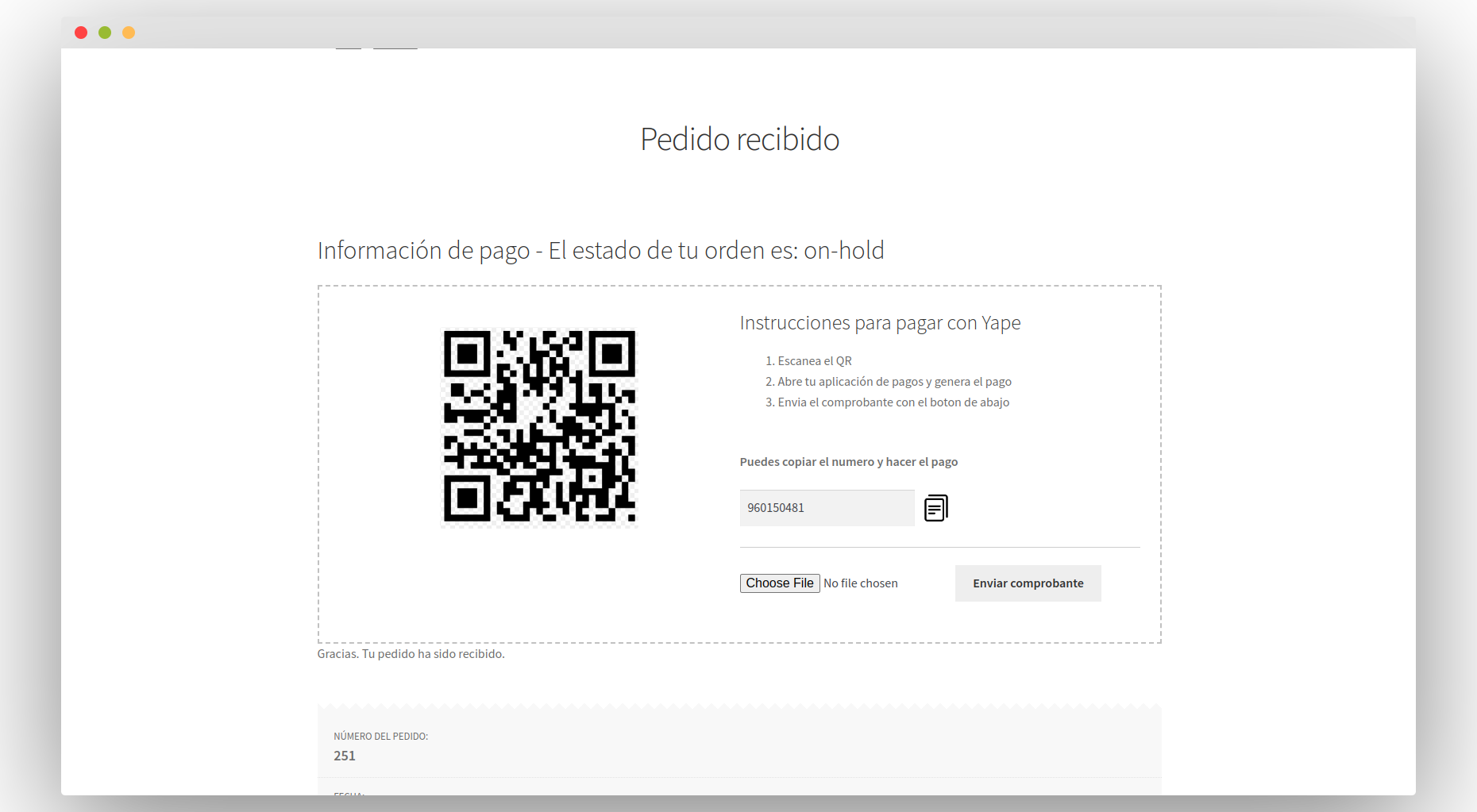 Yape en WooCommerce: página de pedido recibido con el QR y las instrucciones de pago