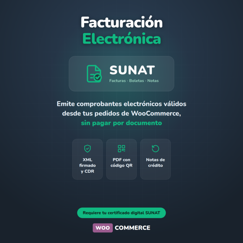 Facturación Electrónica SUNAT para WooCommerce: facturas, boletas y notas desde tus pedidos preview